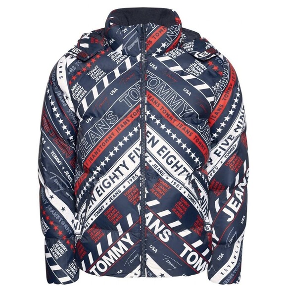 Tommy Jeans Hooded All-Over Logo Down Puffer Jacket Size Large NWOT - Picture 1 of 8